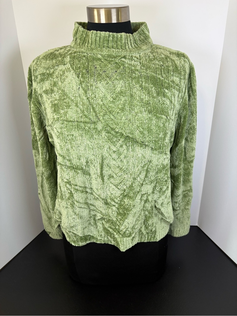 Alfred Dunner Light Green Cable-Knit Velvet Turtleneck Sweater
